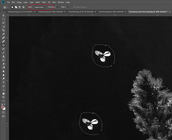 A screenshot of selecting parts of an image with Photoshop patch-tool