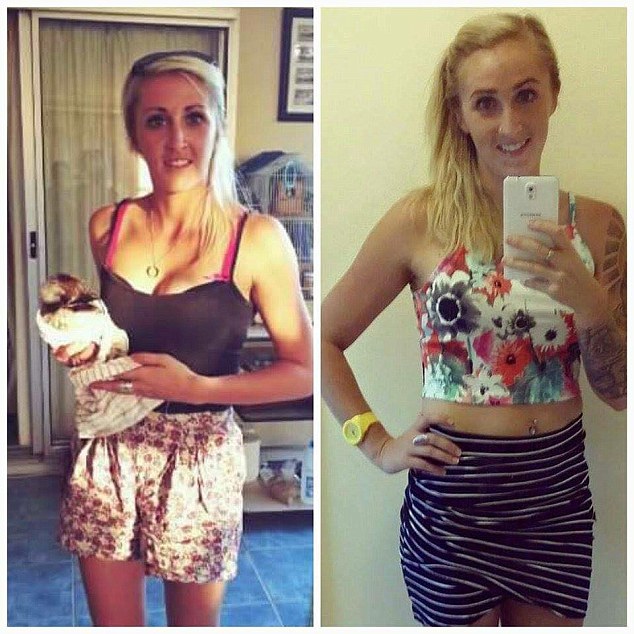 Jess (pictured, left when she weighed 42kg and, right, after recovering from a severe cocaine and ice addiction) came close to dying in a stranger