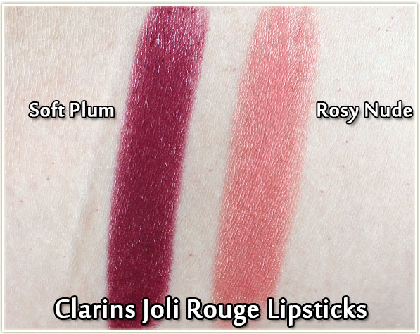 Clarins Joli Rouge Lipsticks in Soft Plum and Rosy Nude - Swatches